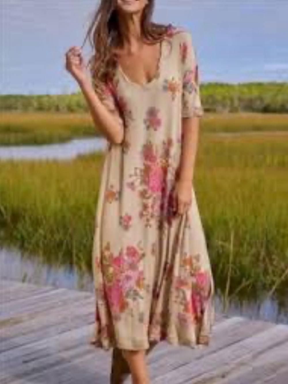Natural Life ButterSoft Tee Maxi Dress English Garden Cream Floral Sz M Lounge